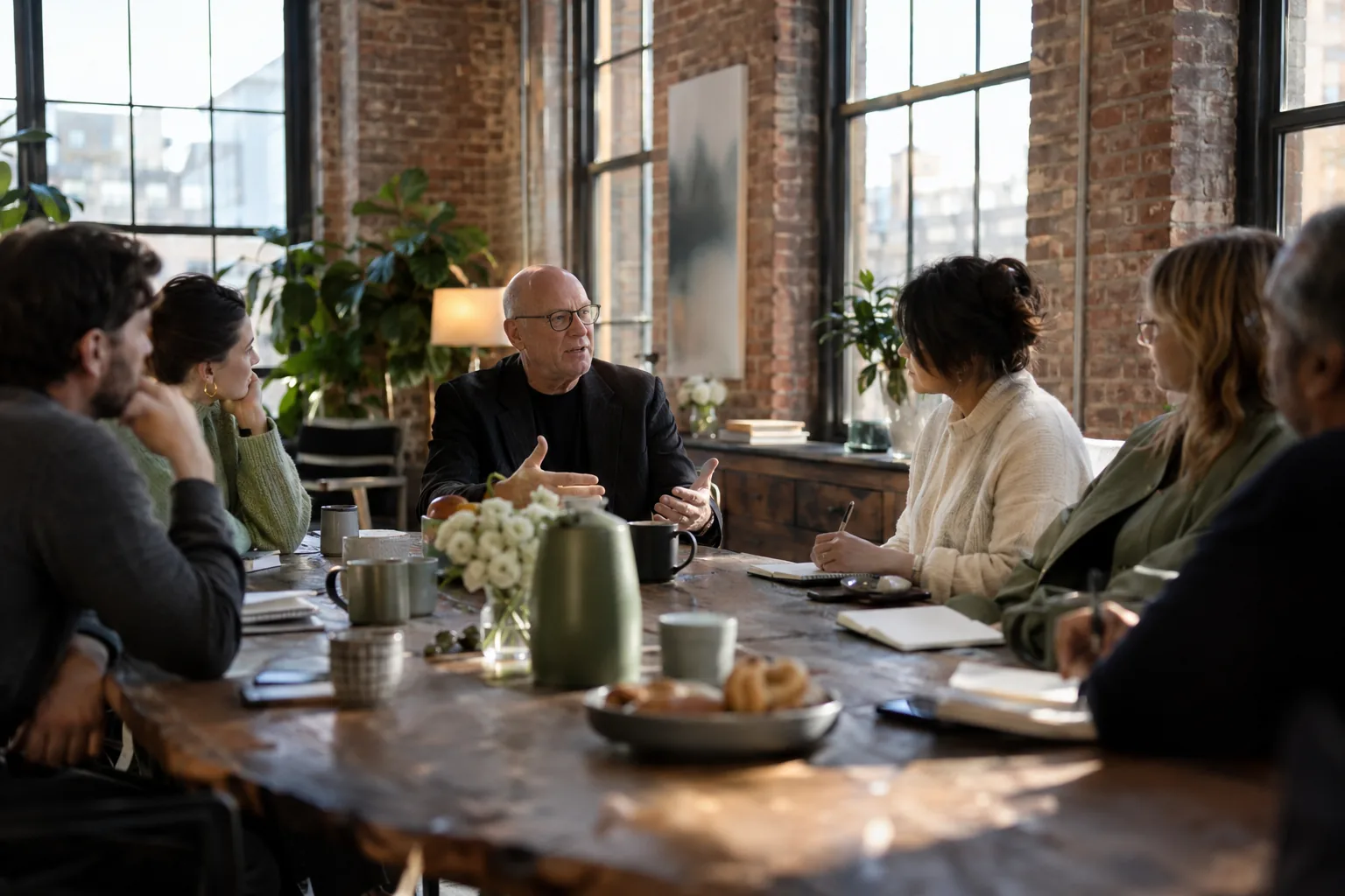 A speaker talking to reporters at a small press breakfast in a loft