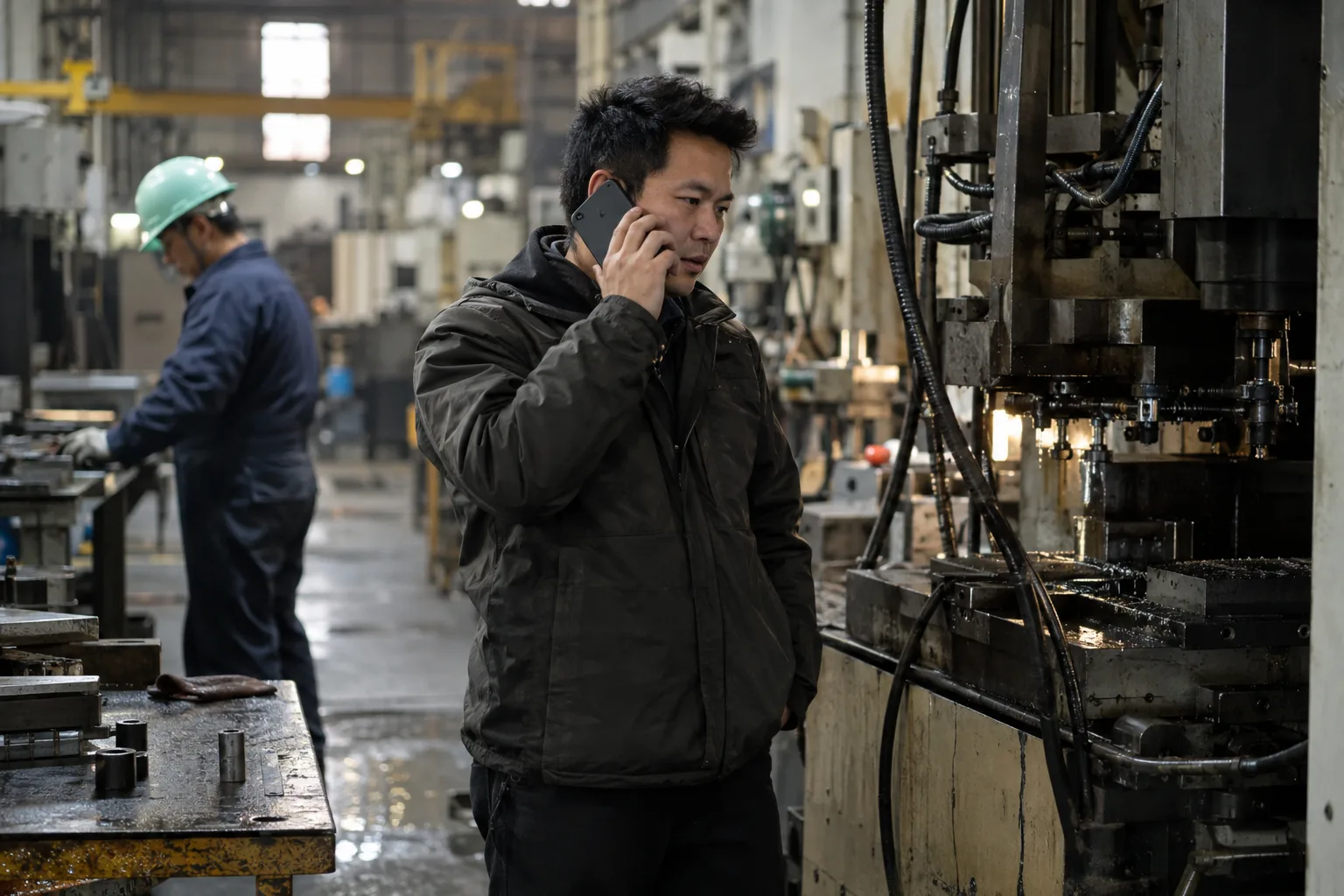 Seed stage founder on a phone call beside a customer machine on a factory floor