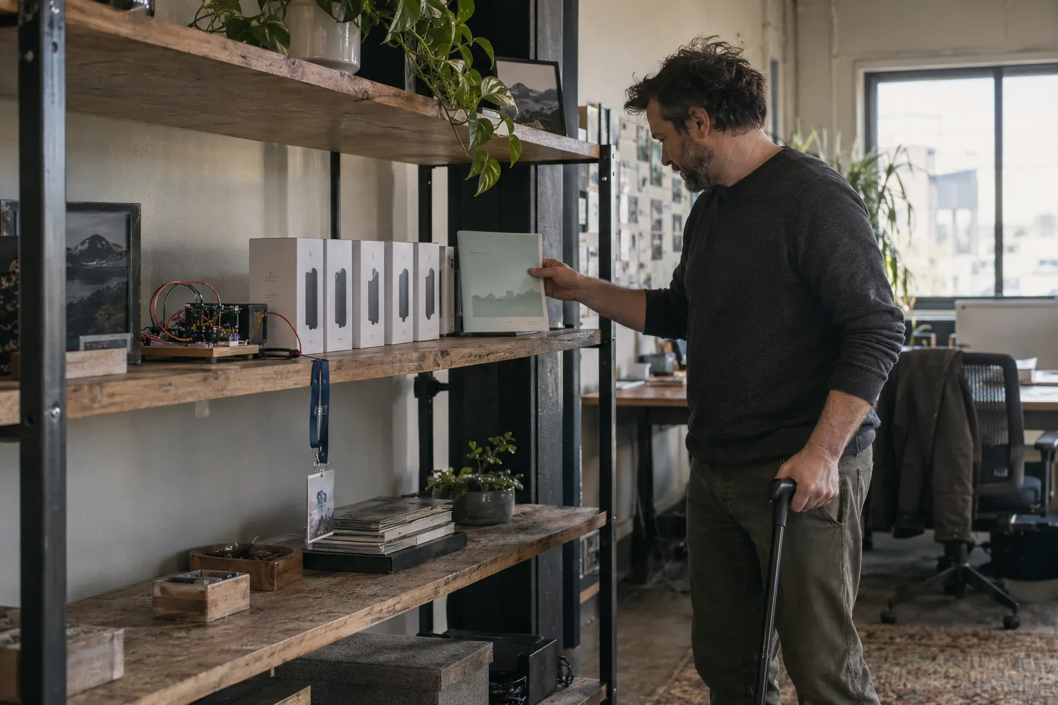 Founder placing a product box on a shelf that holds every stage of the company, prototype to retail