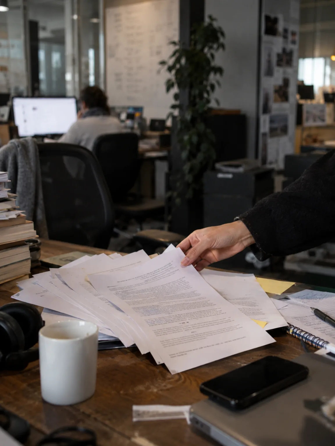 Hand picking one answer from a fanned pile of replies on a newsroom desk