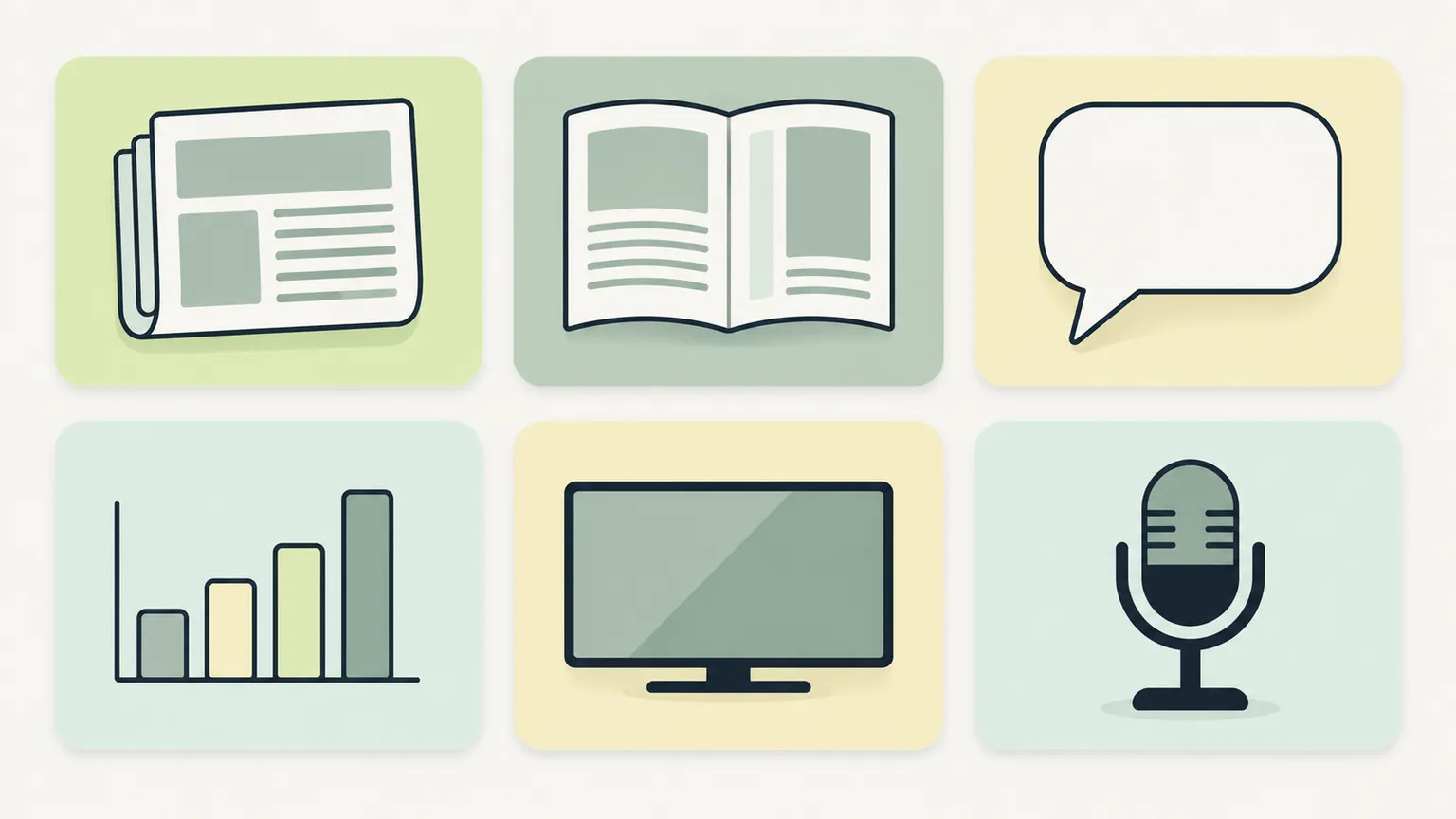 Six kinds of press coverage as small pictograms, from news story to podcast