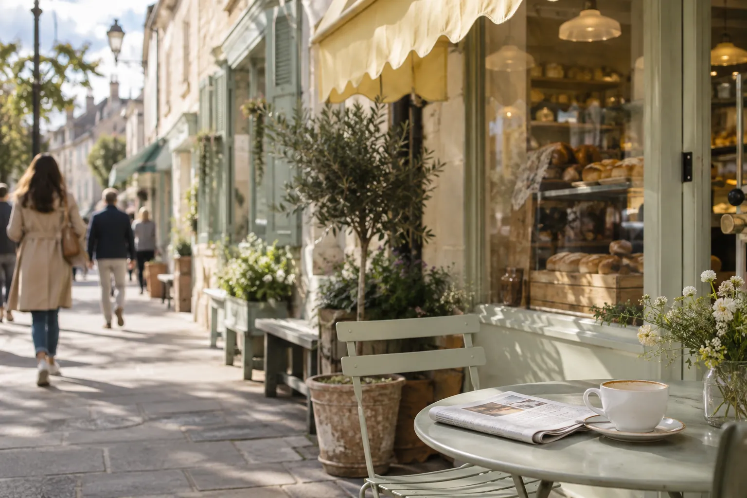 Bakery shopfront on opening morning with a local paper on a cafe table