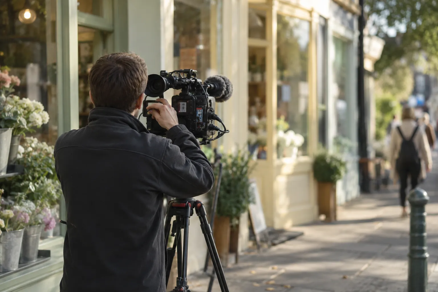 TV camera on a tripod set up outside a shop in the morning