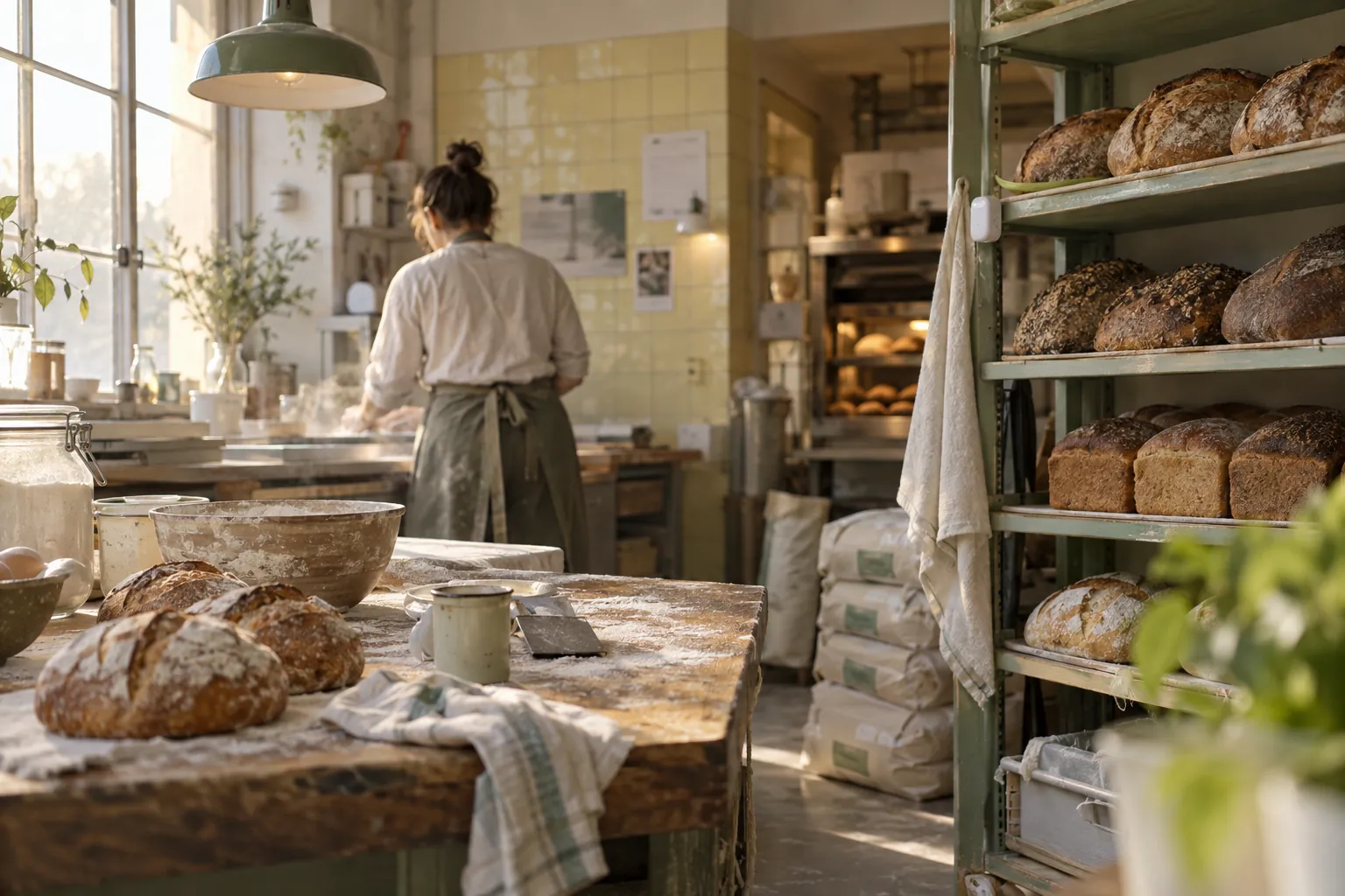 Bakery shelf with a small sensor and fresh loaves at dawn