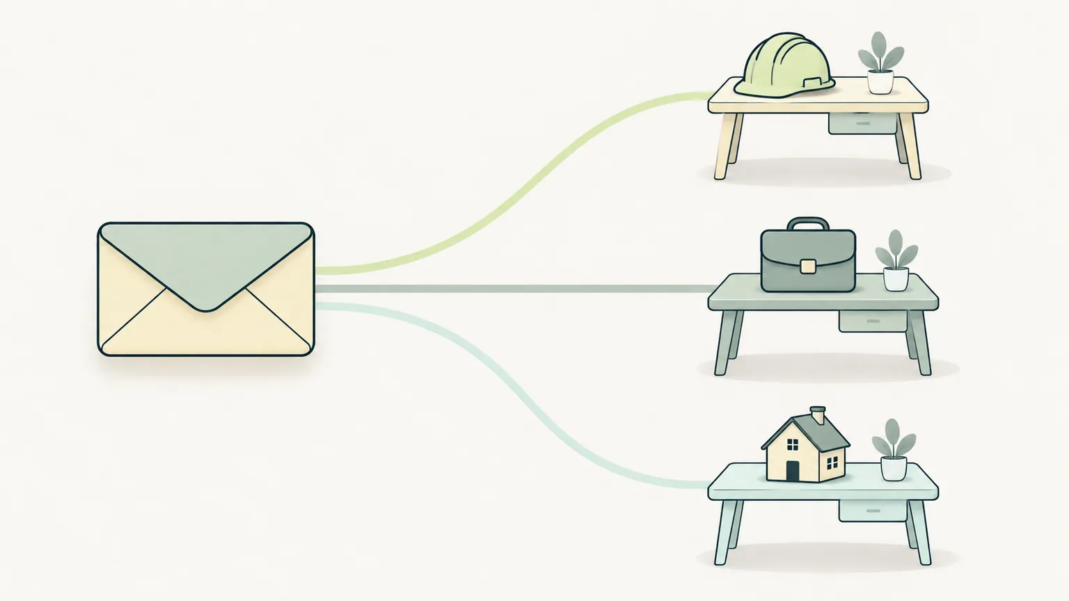 One pitch adapted along three paths to three different desks