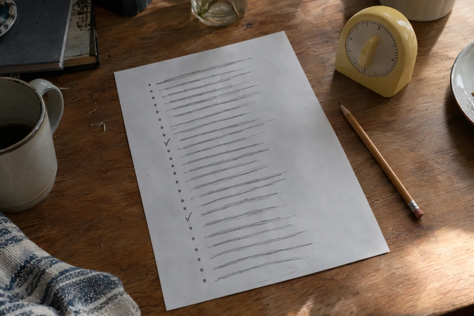Printed list of pitch subject lines with two ticked and the rest left plain, a kitchen timer beside it