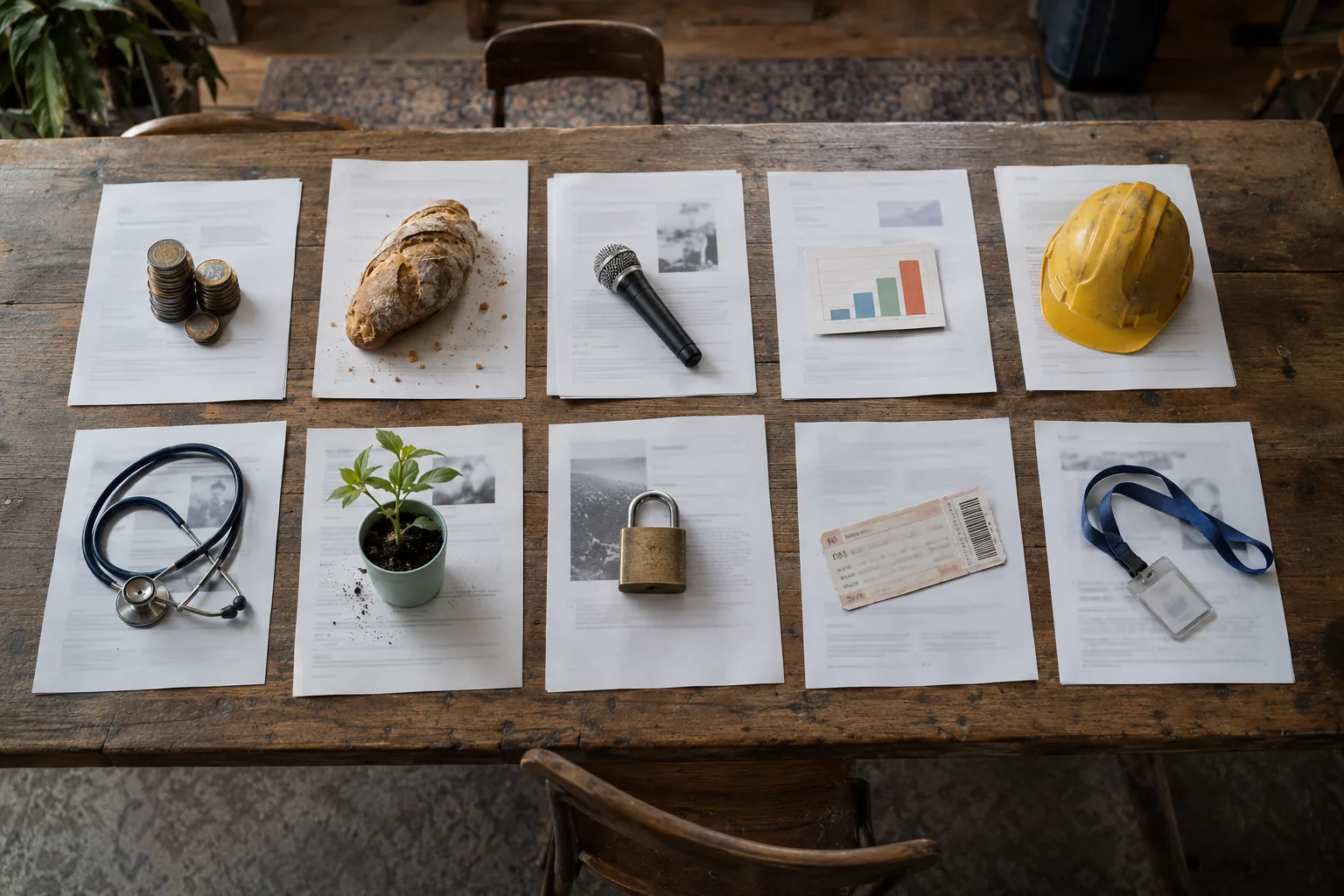 Ten printed pitches laid out in a grid, each topped with an object from its industry