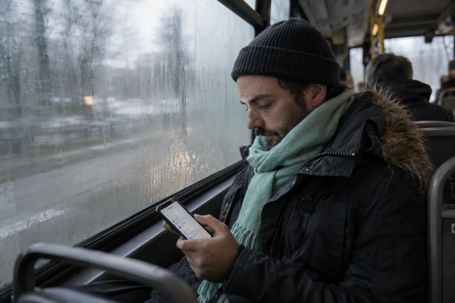 Editor on a bus scanning email subject lines on his phone