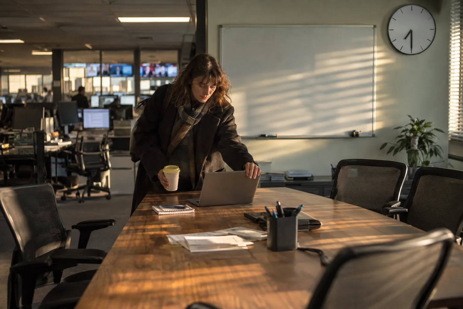 First reporter arriving in an empty newsroom with a coffee, the wall clock at seven