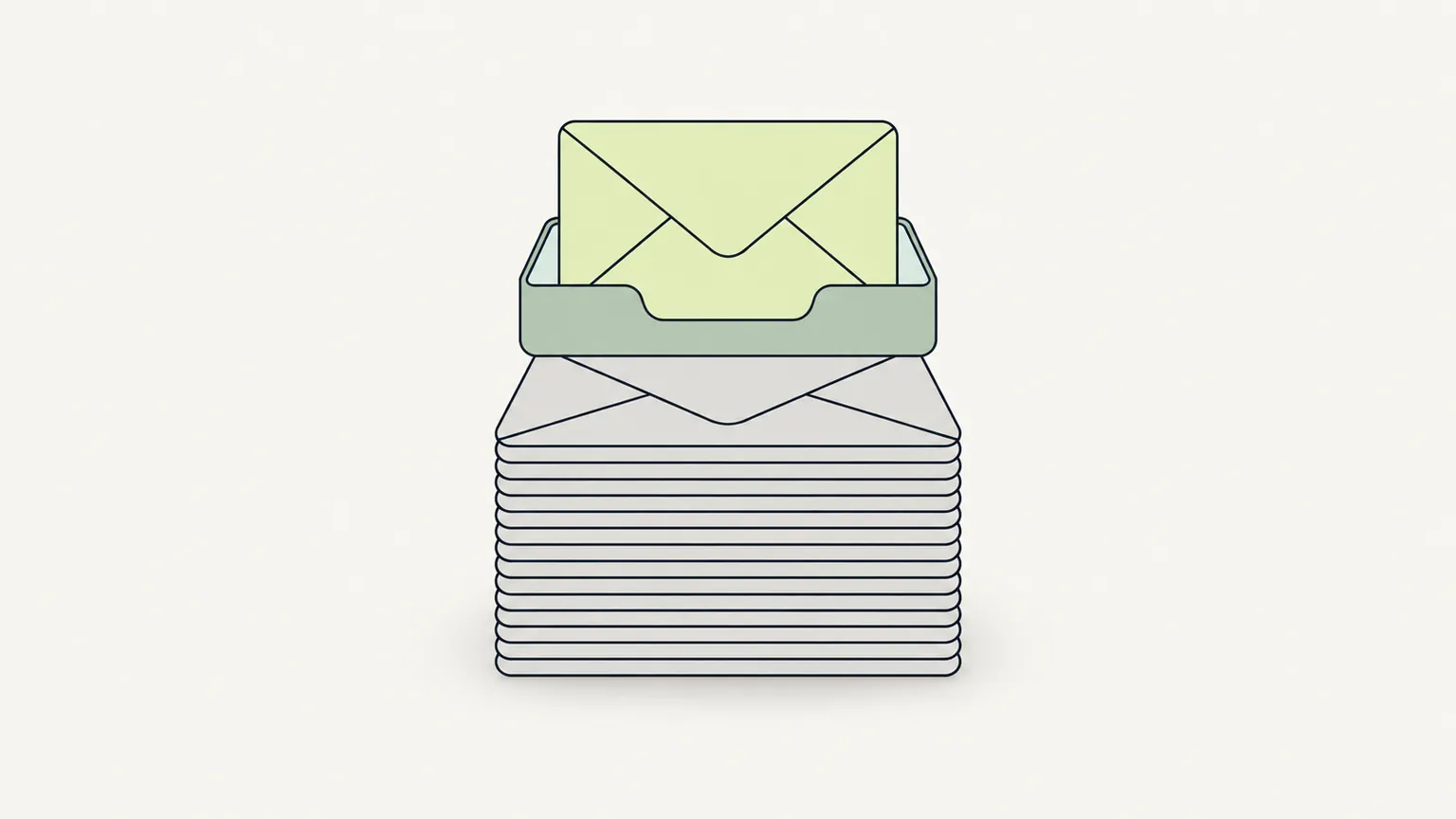 One pistachio envelope lifted out of a tall stack of grey envelopes