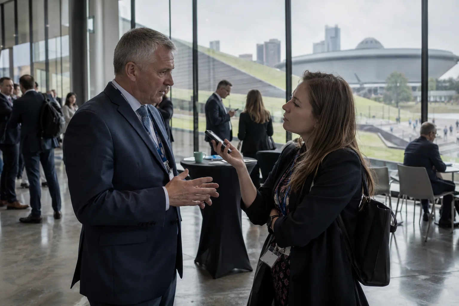 Executive giving an interview to a reporter at a Katowice congress with the Spodek arena outside