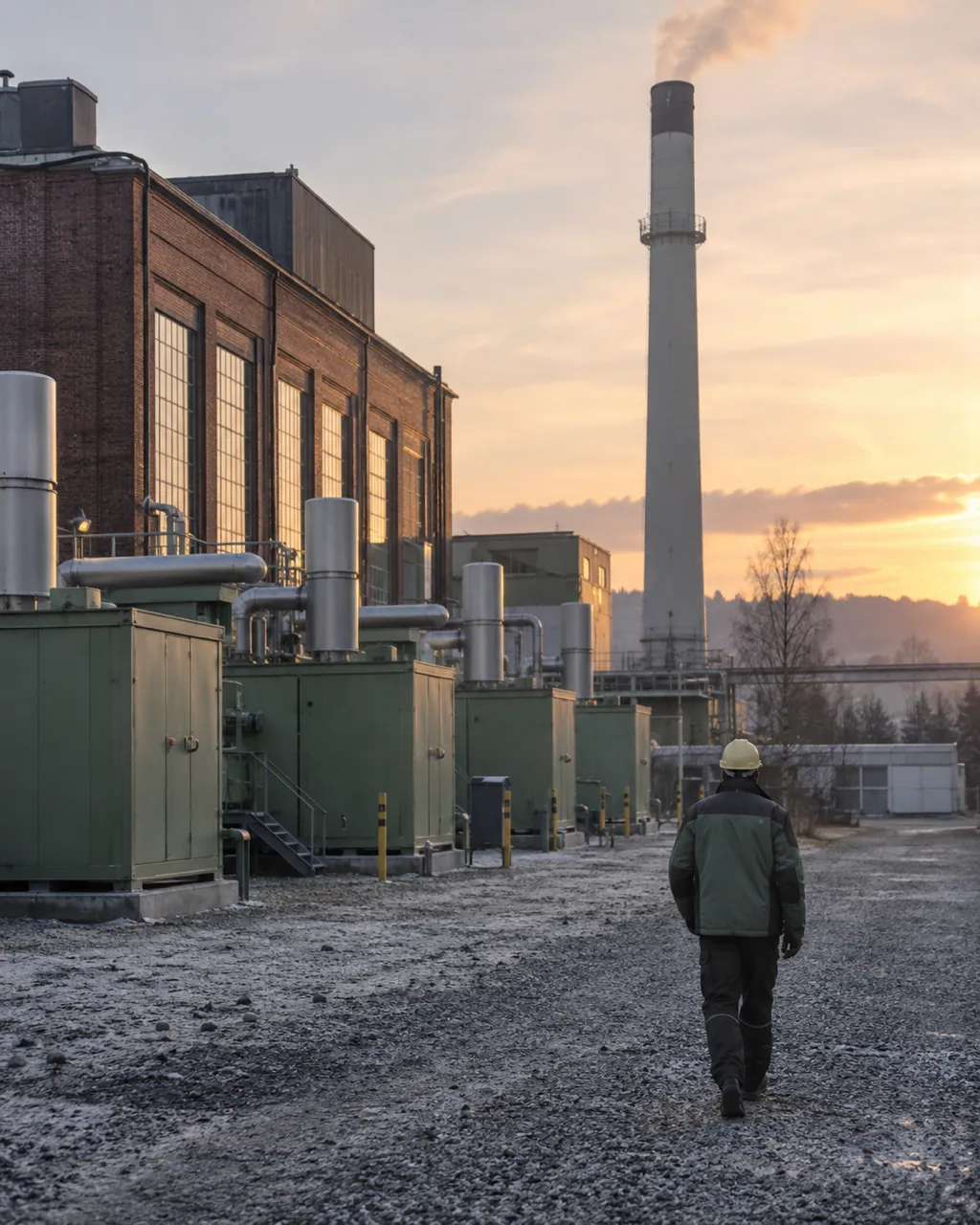 Heat and power plant at dawn with containerised gas engines