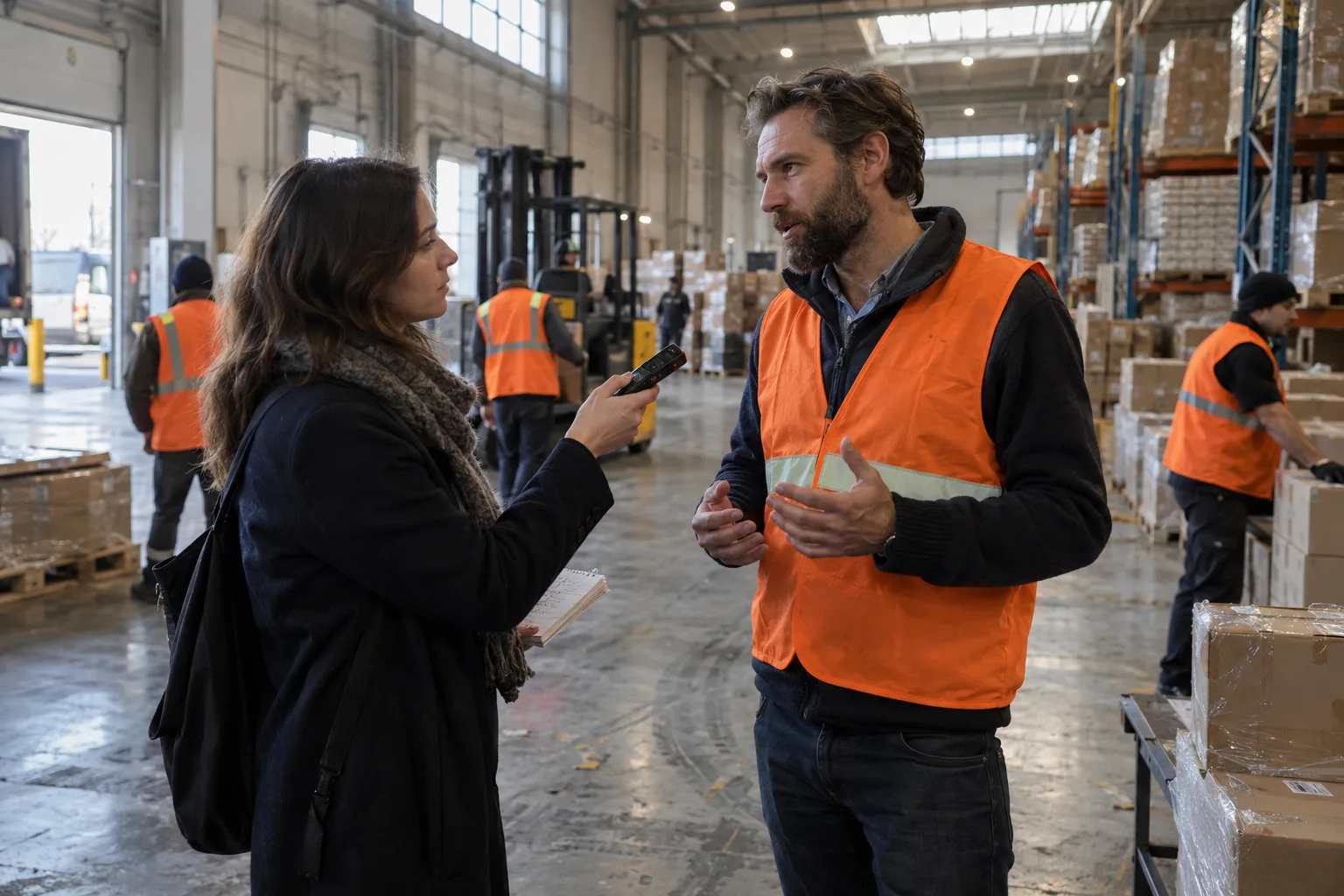Reporter interviewing a plant manager in a hi vis vest on a Polish warehouse floor