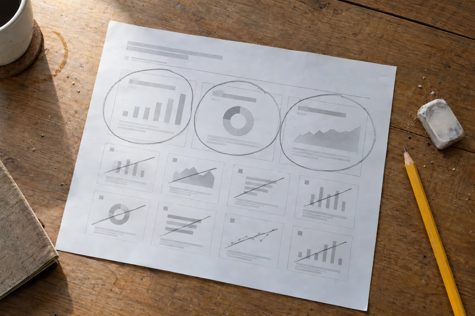 Printed PR report with three KPI charts circled and the other eight crossed out