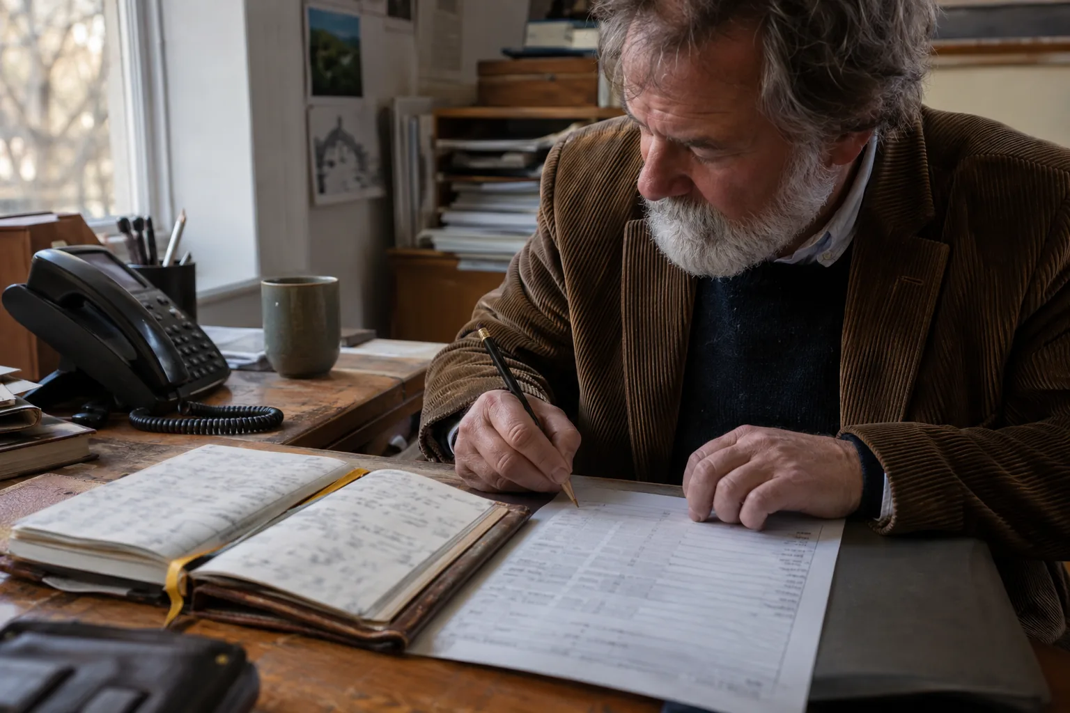 Senior PR consultant writing in a worn contacts book beside a timesheet and a desk phone