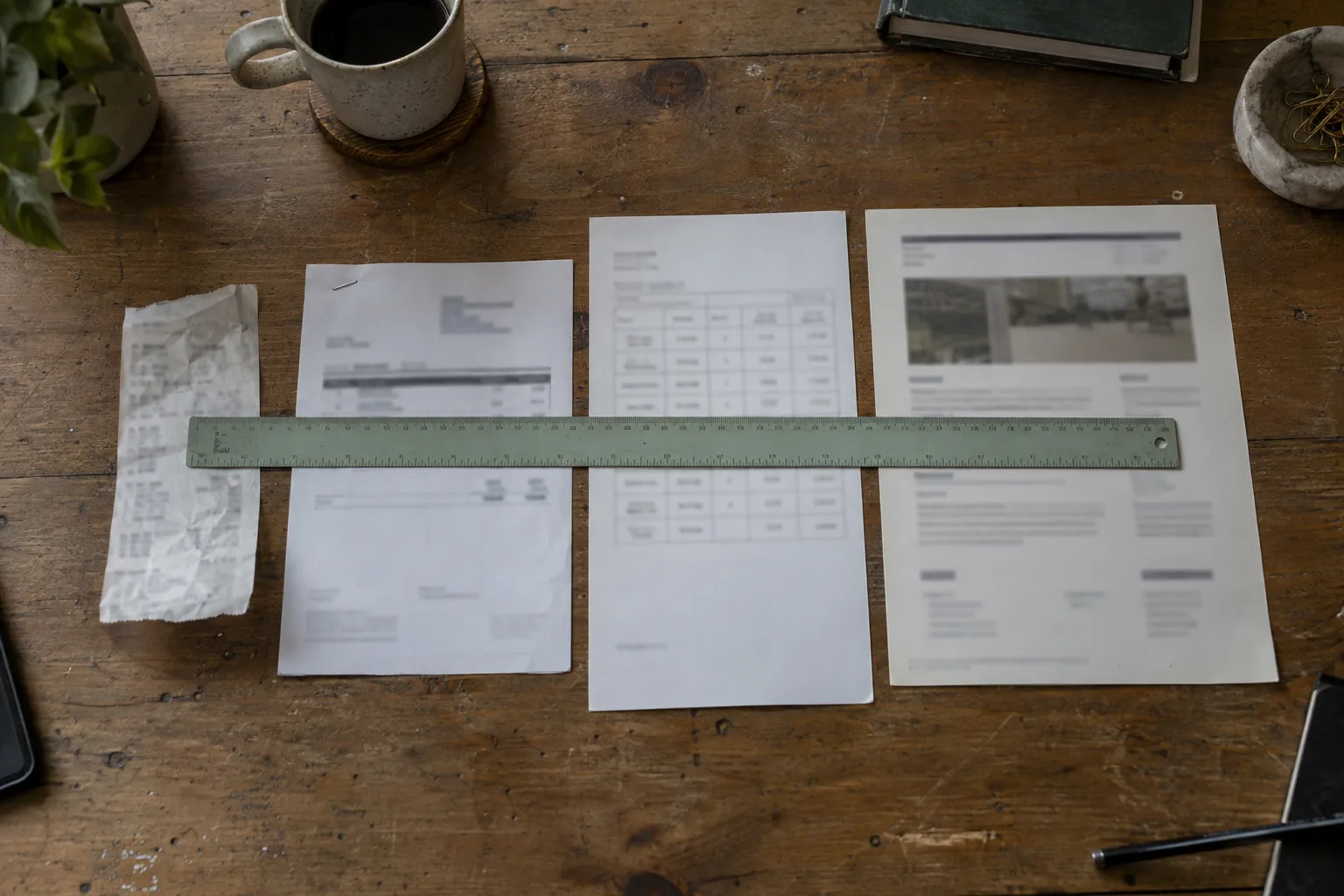 Receipt, invoice, timesheet and proposal side by side under a steel ruler