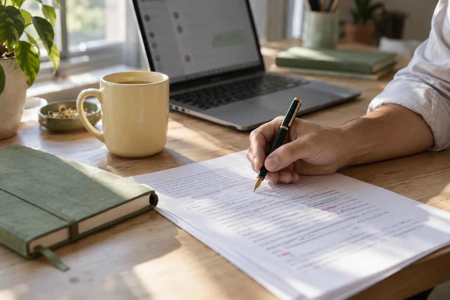 A hand correcting a printed draft next to a laptop