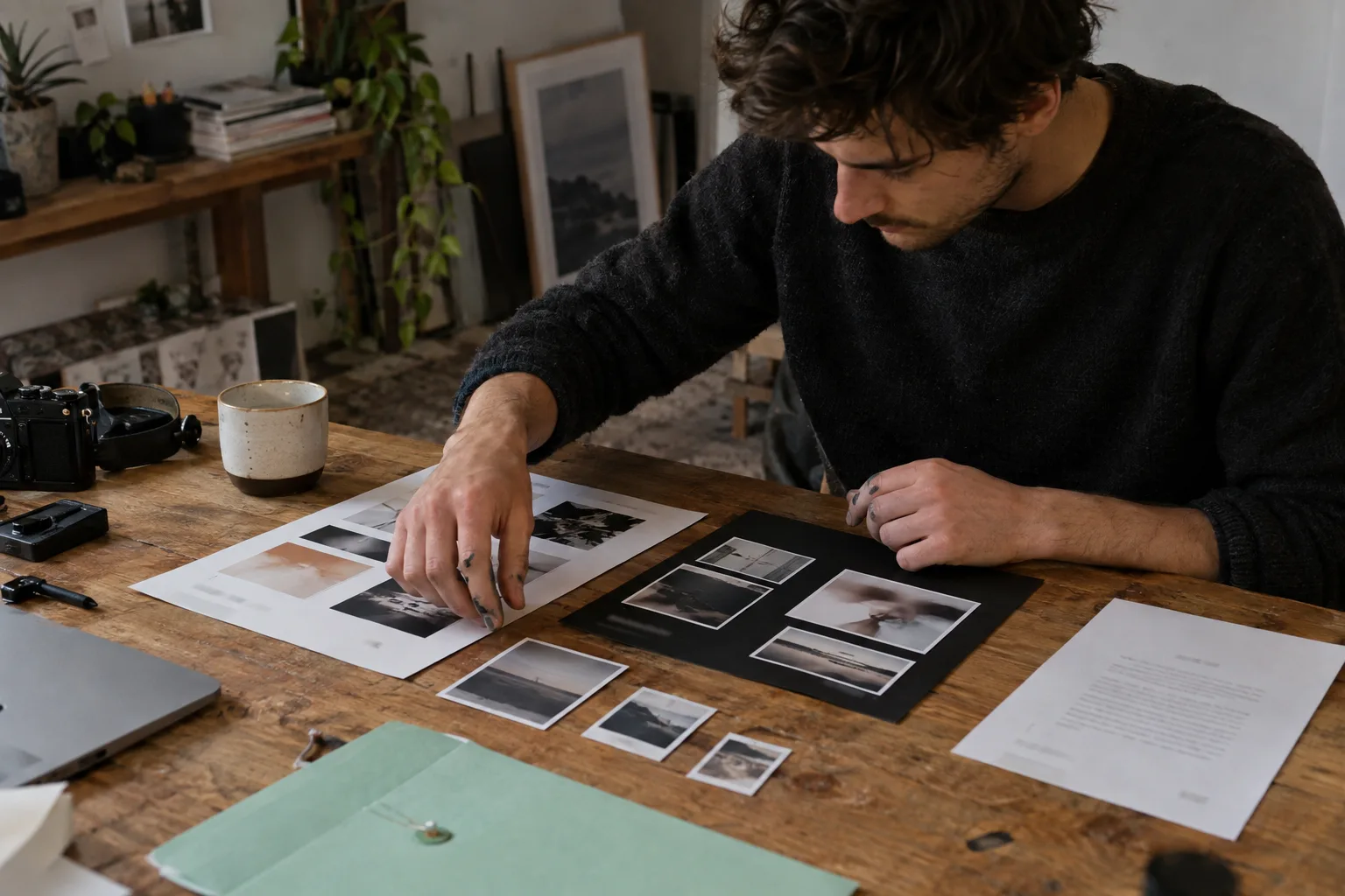 Founder sorting product photos onto white and black cards next to a boilerplate sheet