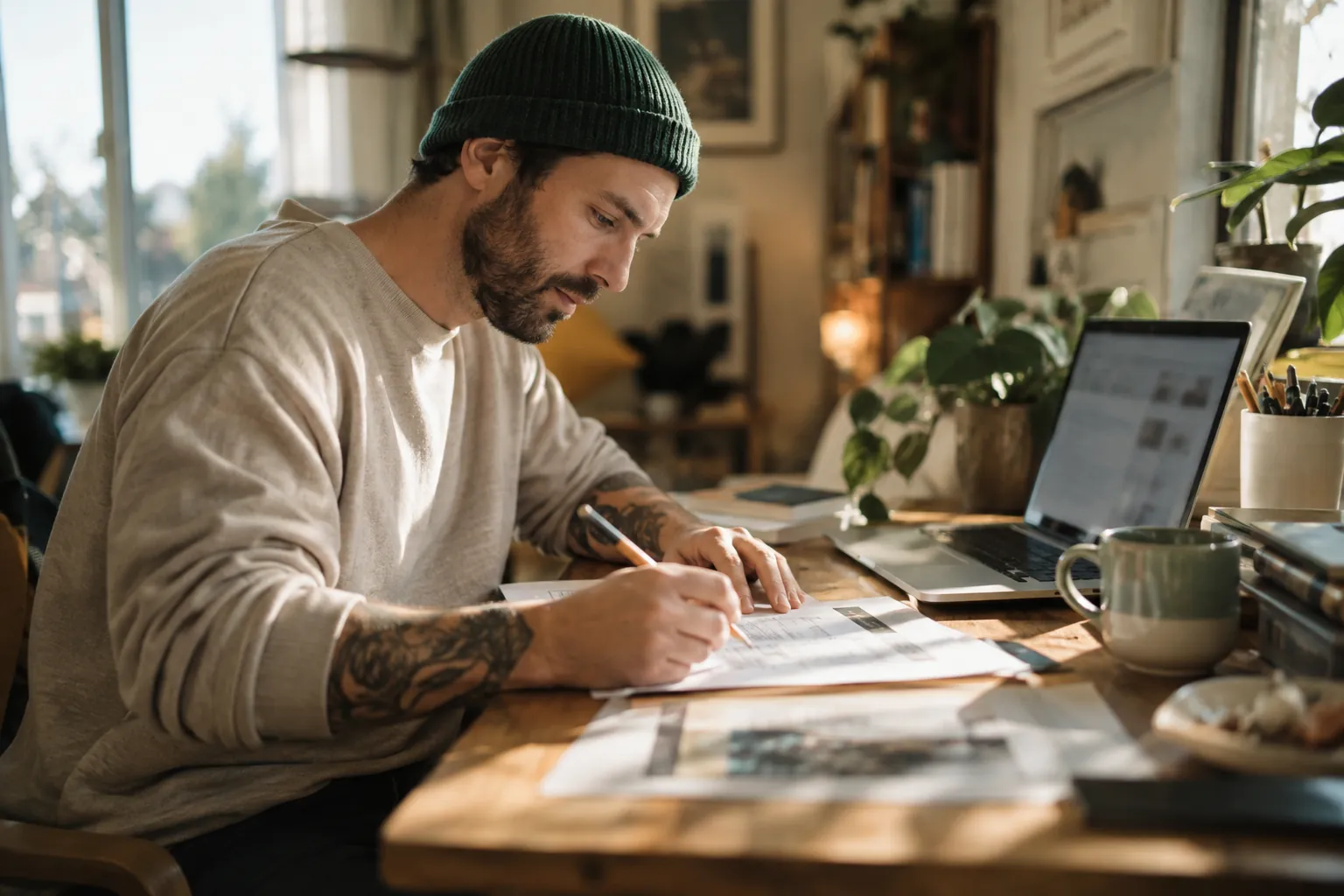 A man marking up a printed press release draft with a pencil at a home desk