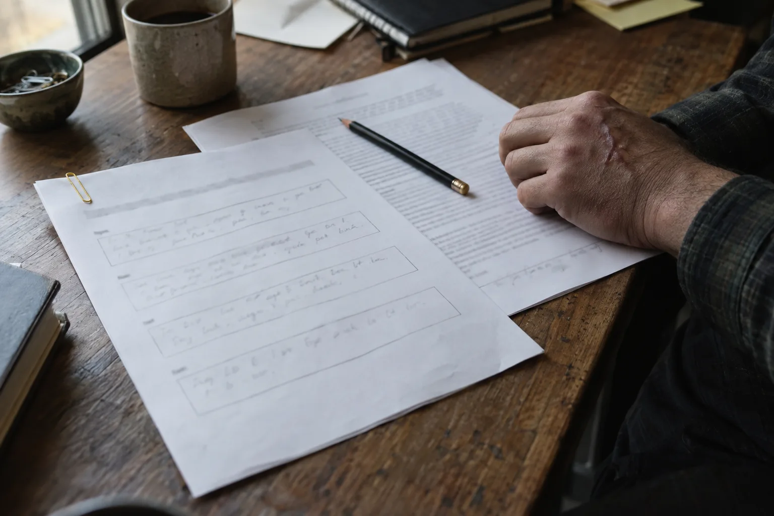 Handwritten five question form clipped to a press release draft, an editor checking it in pencil