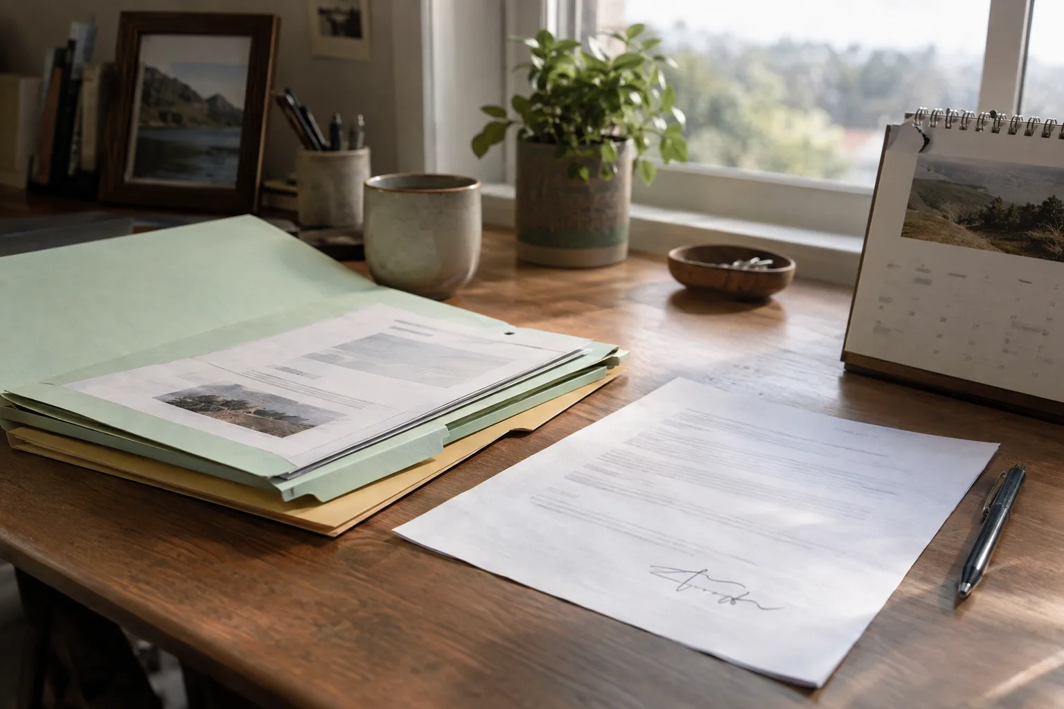 Signed one page agreement next to a desk calendar and stacked plan folders, month to month