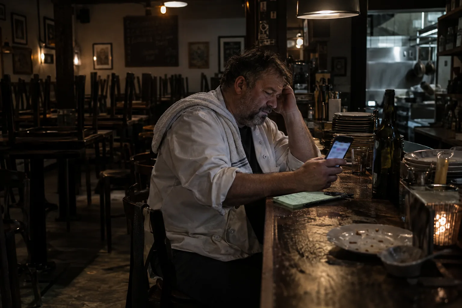 Chef owner reading a viral complaint on his phone at the bar after closing