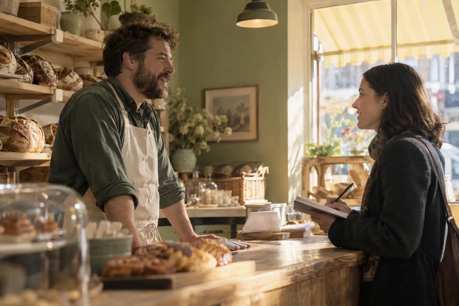 Bakery owner talking with a local reporter across the counter