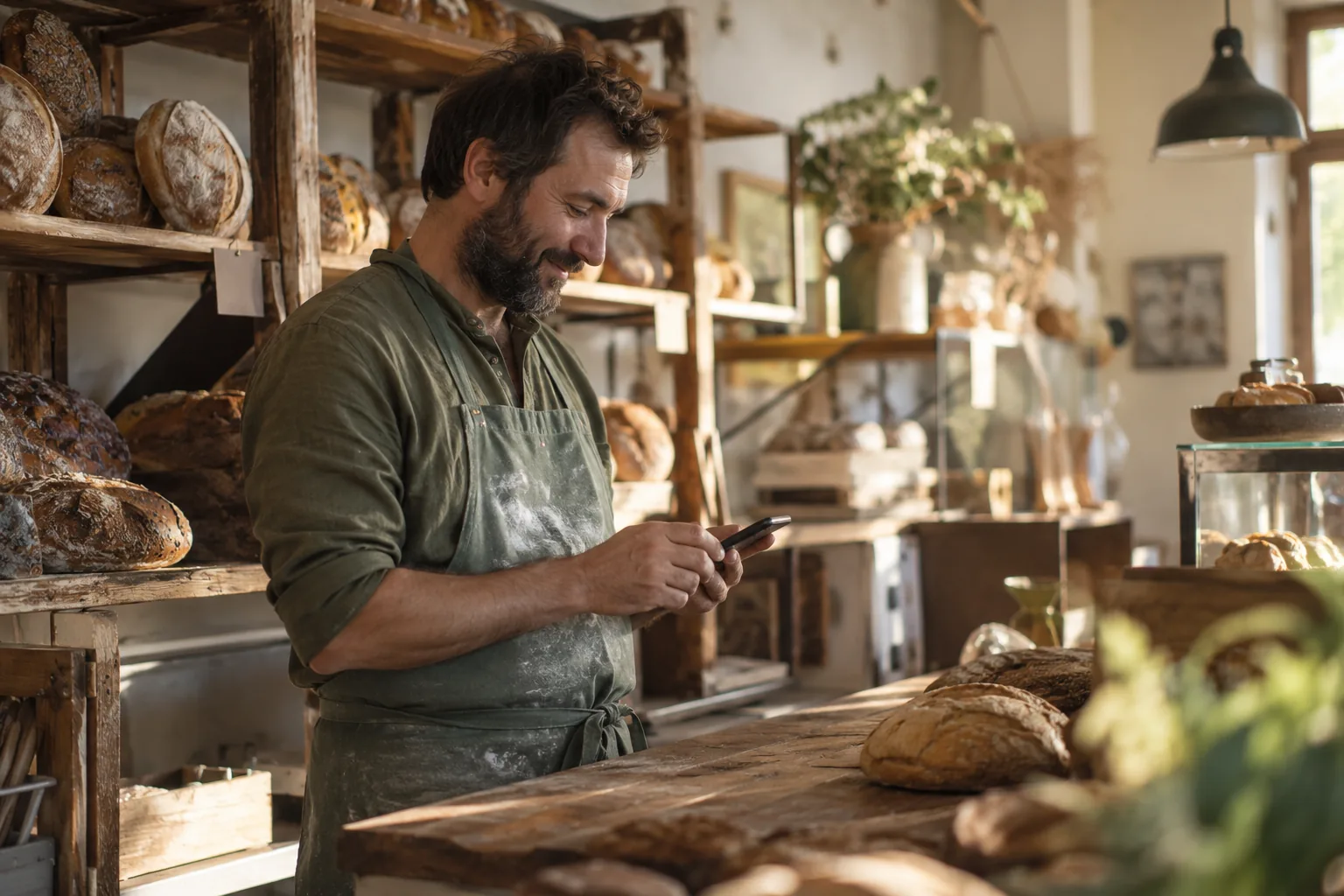 A bakery owner replying to a review on his phone behind the counter
