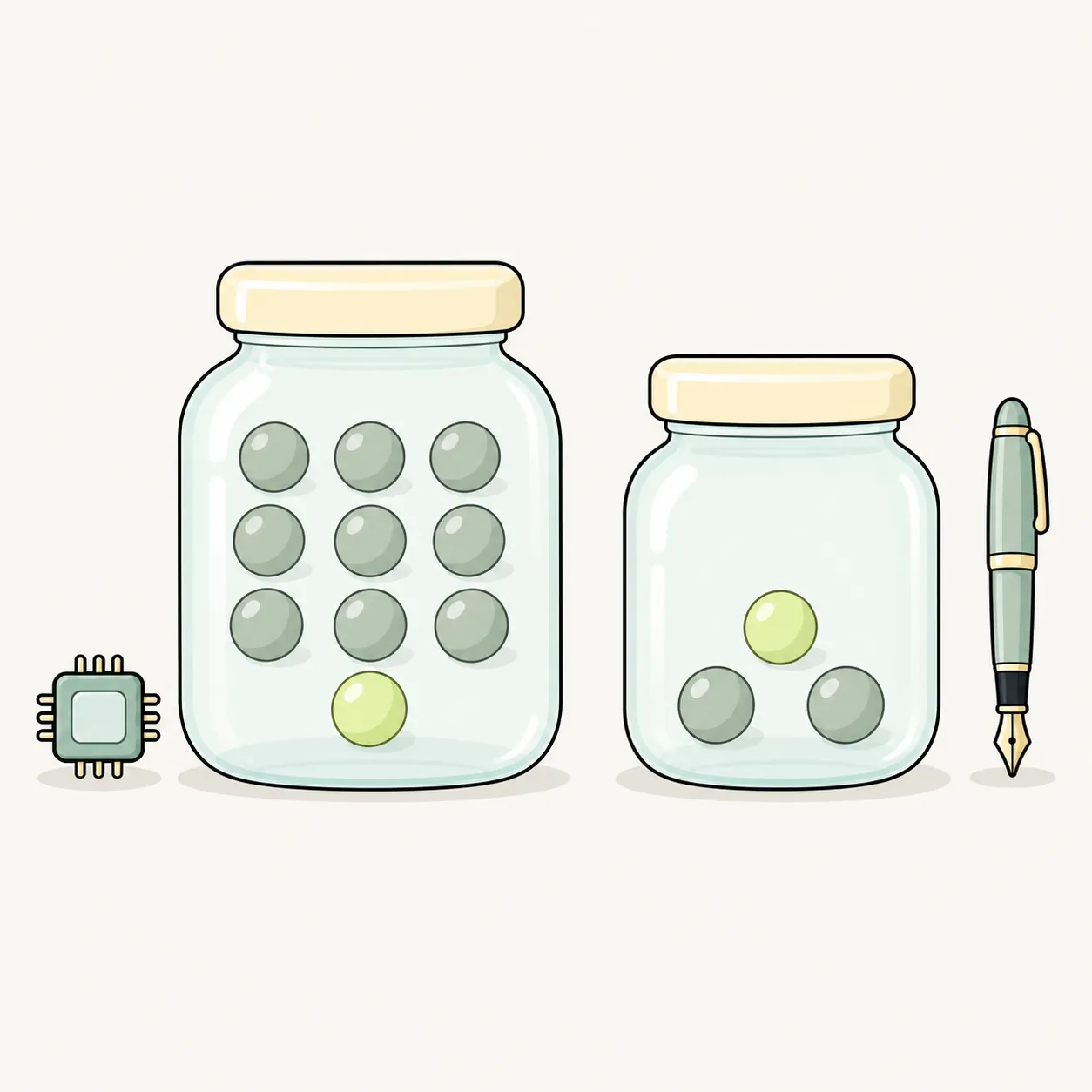 AI answers picked about one in ten, human answers about one in three, as two jars of tokens