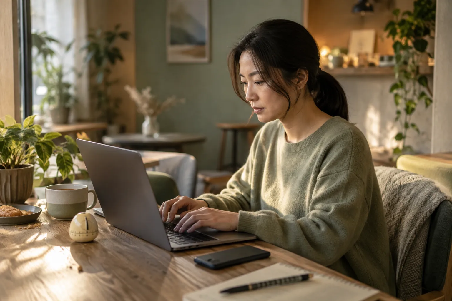 An expert typing a short answer on a laptop in a quiet coworking corner