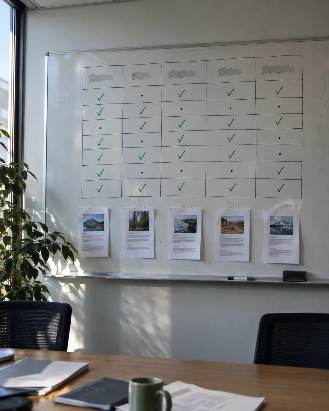 Whiteboard grid comparing five software tools with ticks under each one