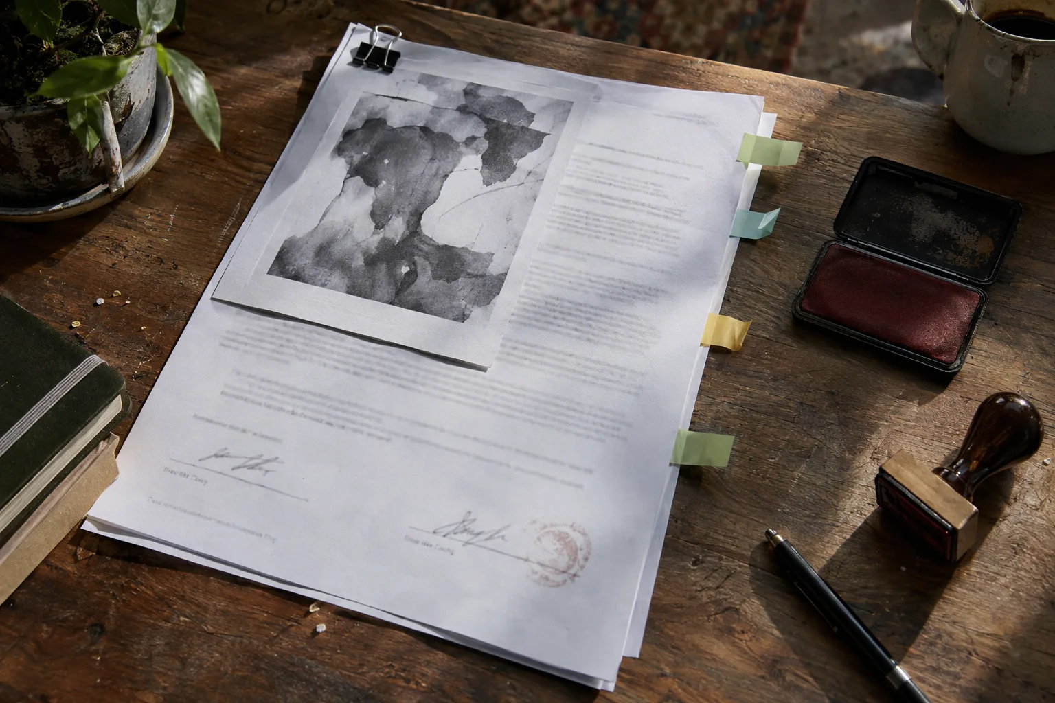 Signed case study page with a customer logo, stamp and approval tabs on a desk
