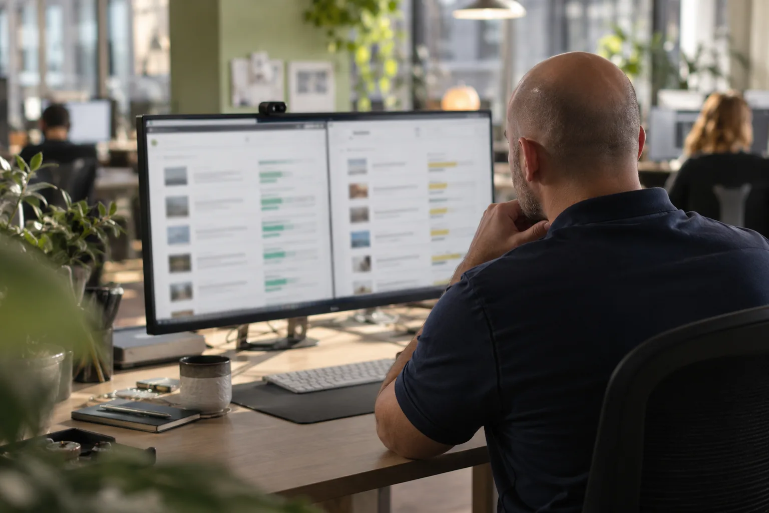 A buyer comparing two software review pages on a monitor