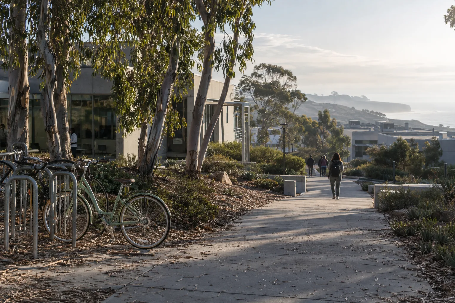 Path through a Torrey Pines research campus with bikes, eucalyptus and the Pacific beyond
