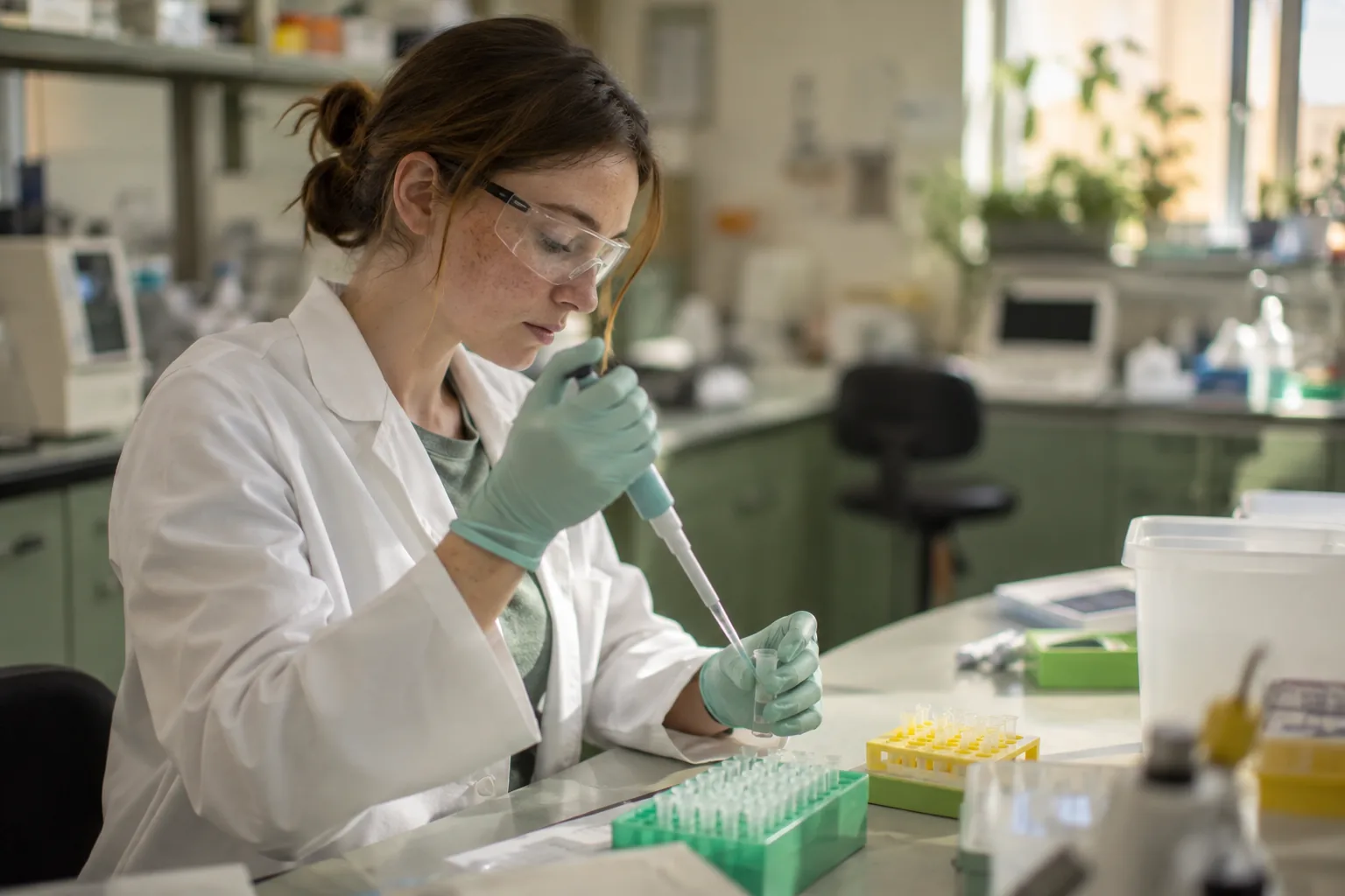 A scientist pipetting at a bench in a biotech lab