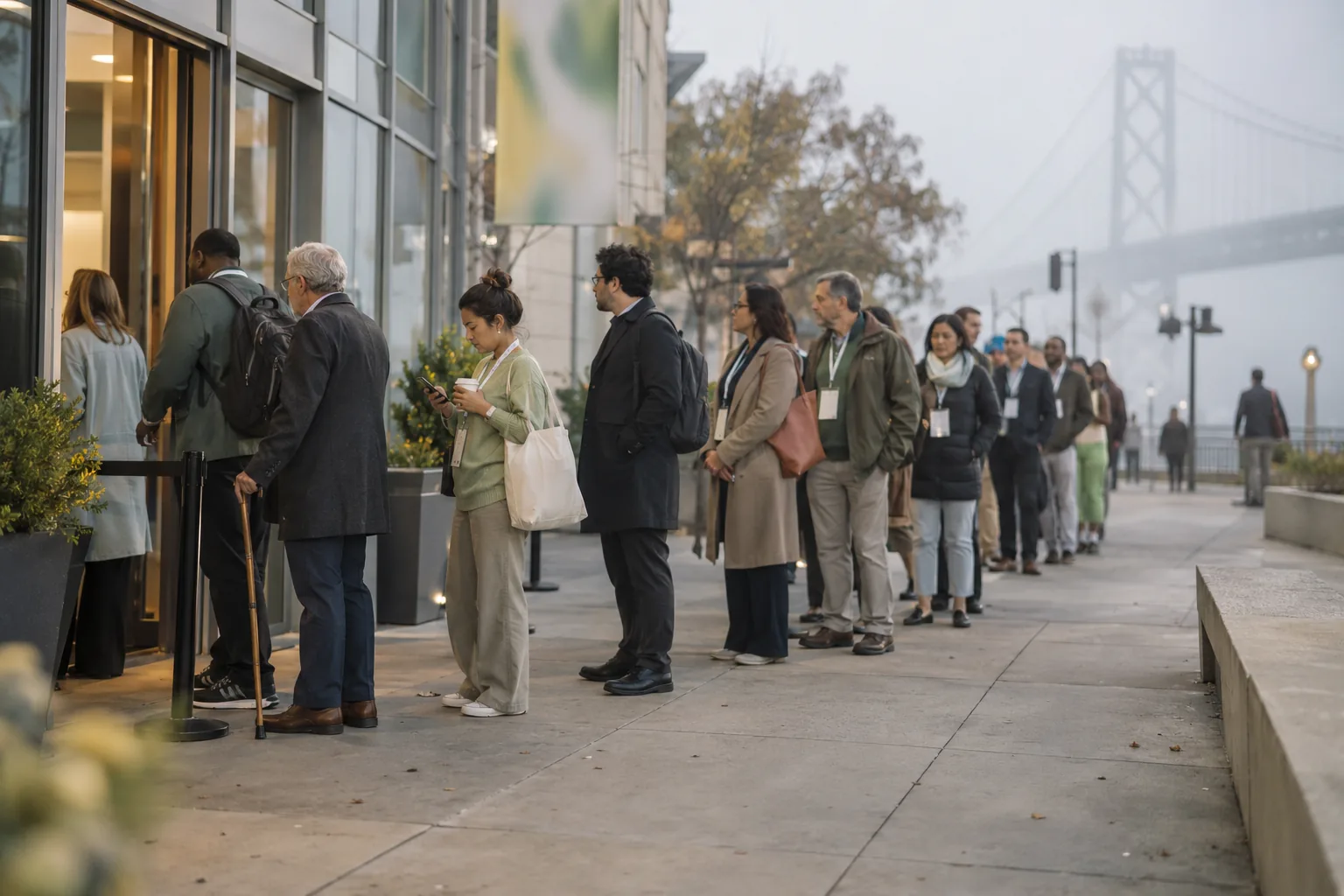 Attendees queuing outside a conference hall in morning fog