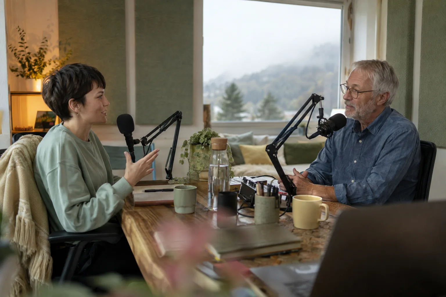 A host and a guest recording a podcast in a small room