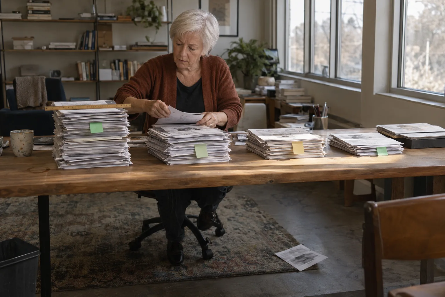 Analyst sorting printed media mentions into one pile per brand to compare share of voice