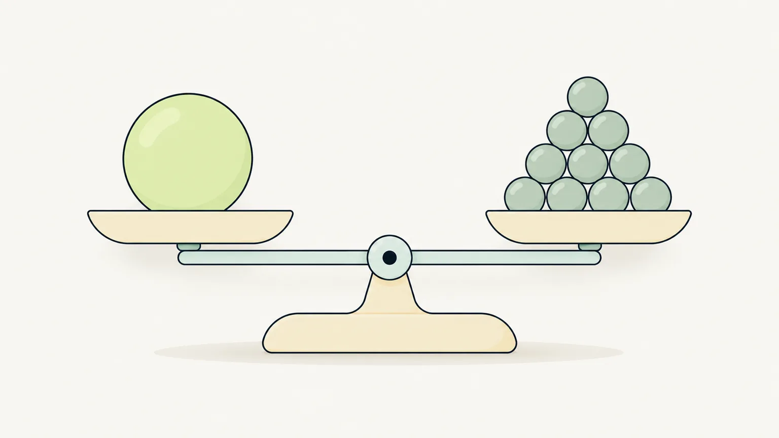 A balance scale with one large circle against many small ones
