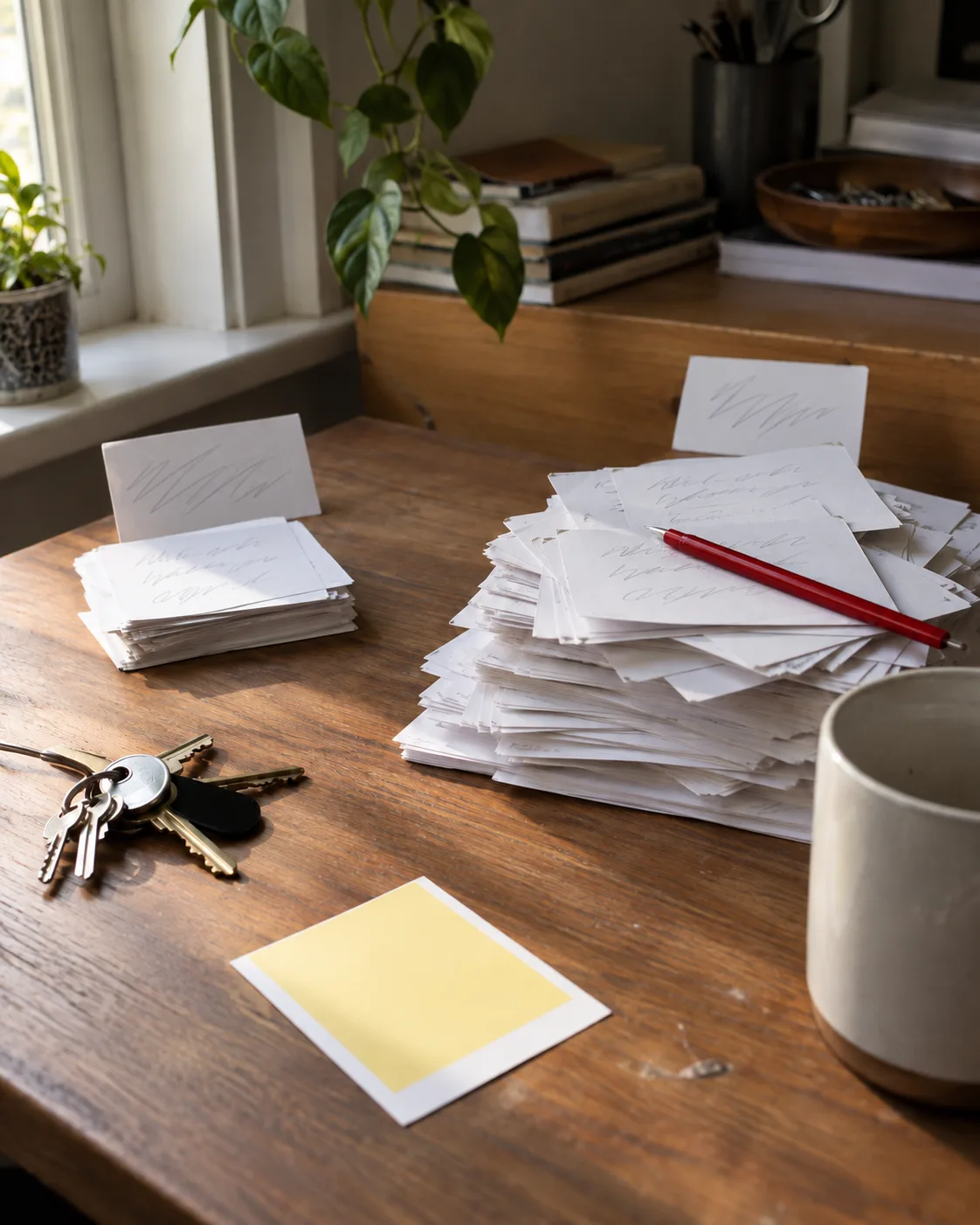 Event cards sorted into a small kept pile and a big rejected pile, new office keys among the rejects