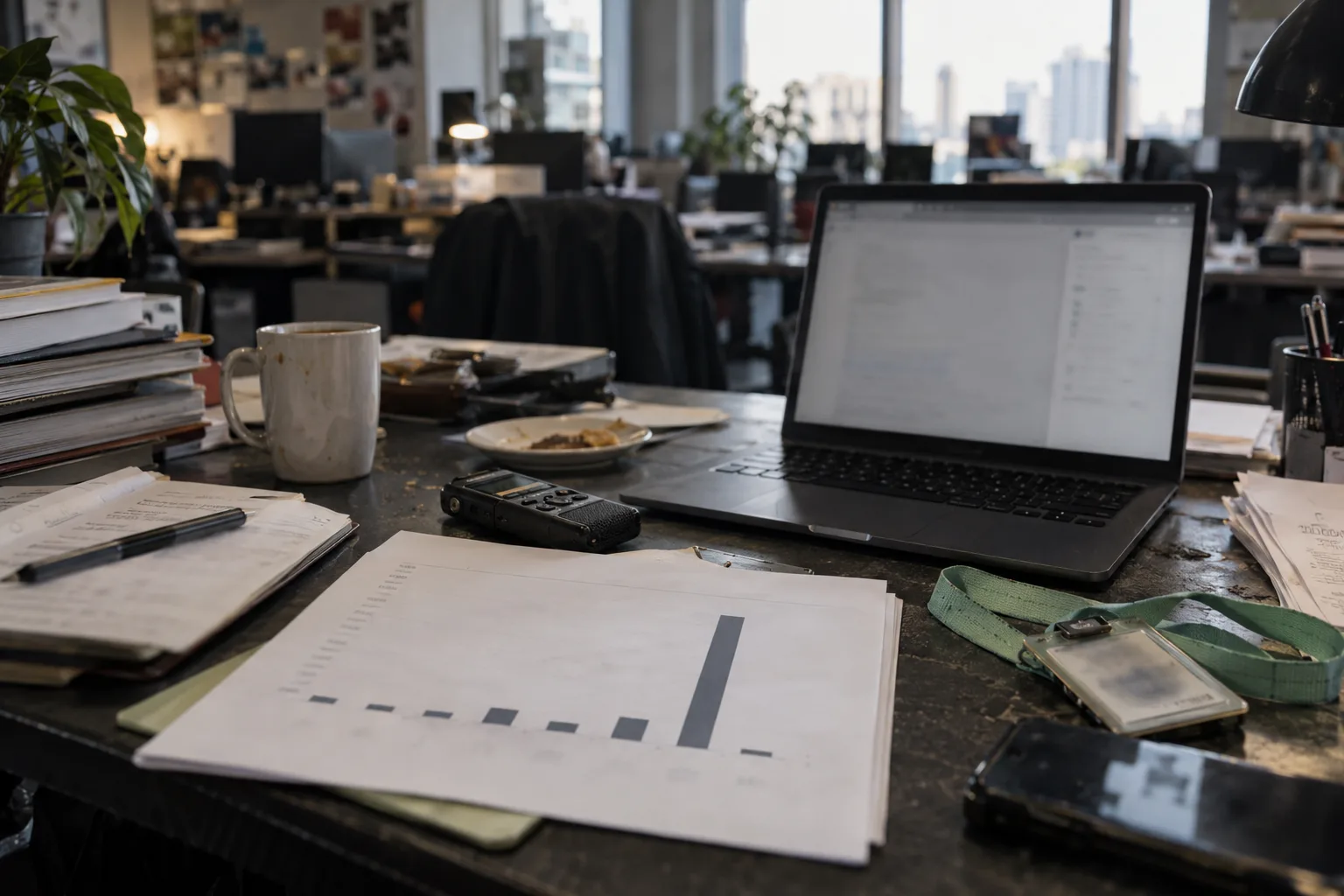 A newsroom desk with a laptop, a voice recorder, a press lanyard and a printed bar chart