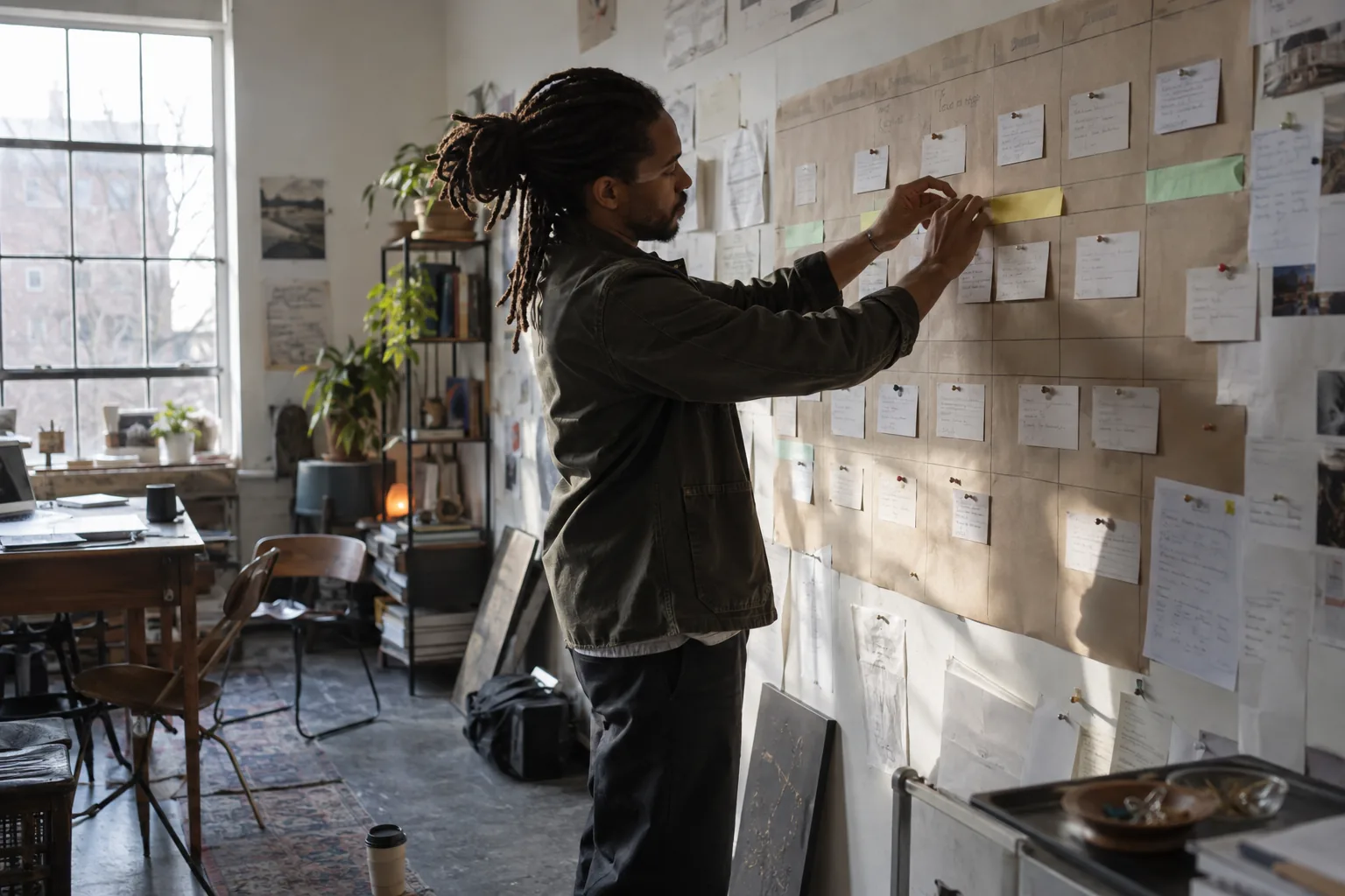 Founder pinning news cards to a wall plan, one story per month in the order they will run