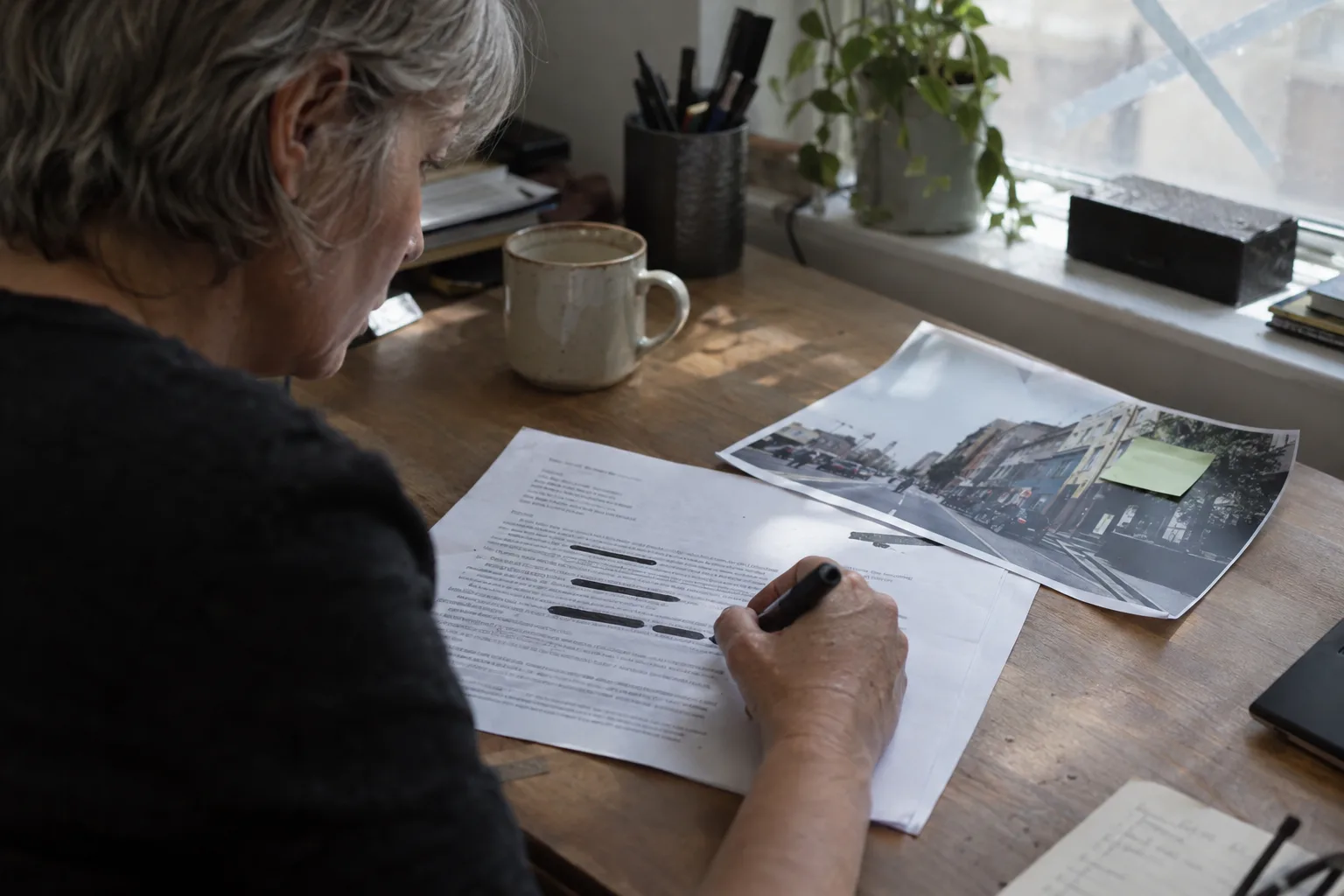 Comms lead blacking out lines on a draft beside a street photo that needs checking