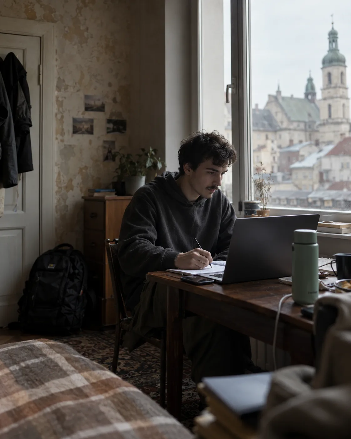 Reporter writing at a laptop in a Lviv flat with the old town outside the window