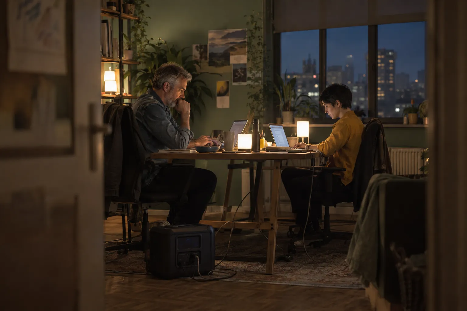 Two developers working by battery lamps during a power cut