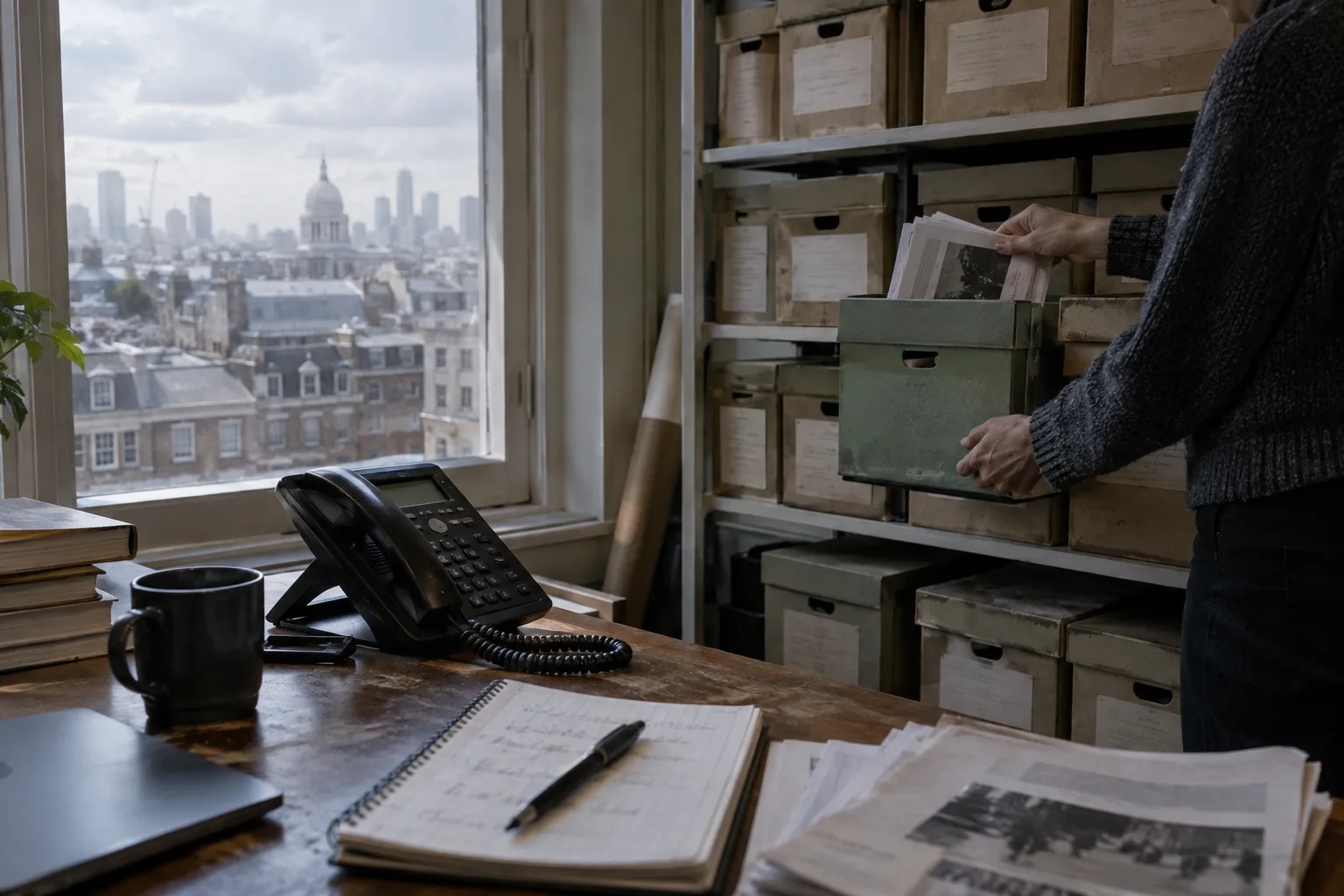 Press officer pulling a box from shelves of archived releases in a London office