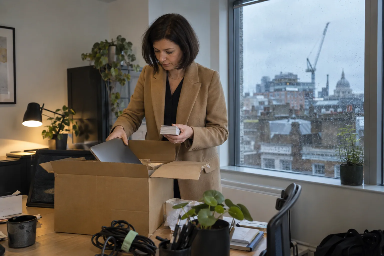 New UK country manager unpacking a box on her first day in a London office