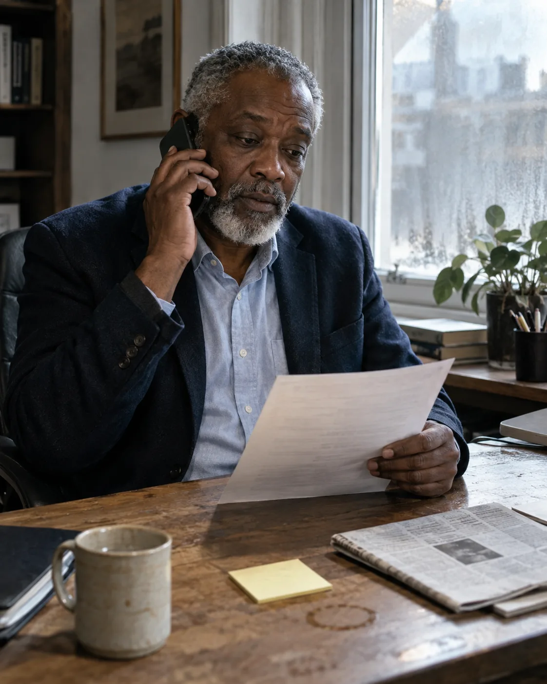 Executive on the phone reading the questions a reporter sent before replying in time