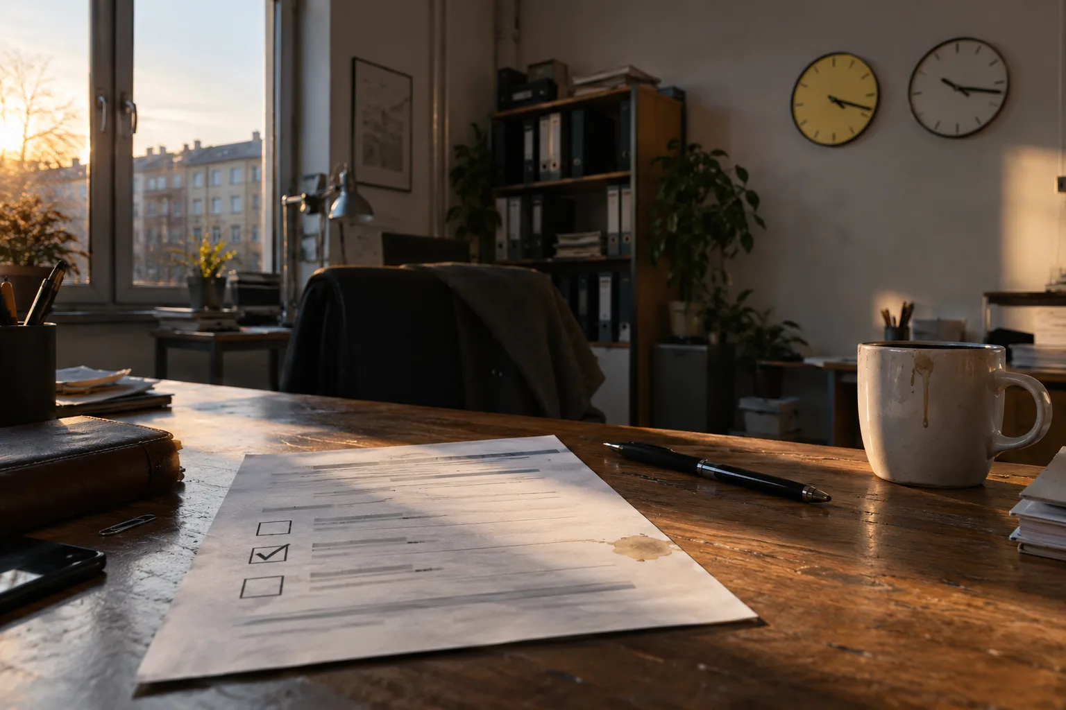 Wire distribution order on a desk at dusk, two clocks on the wall showing Europe and US time