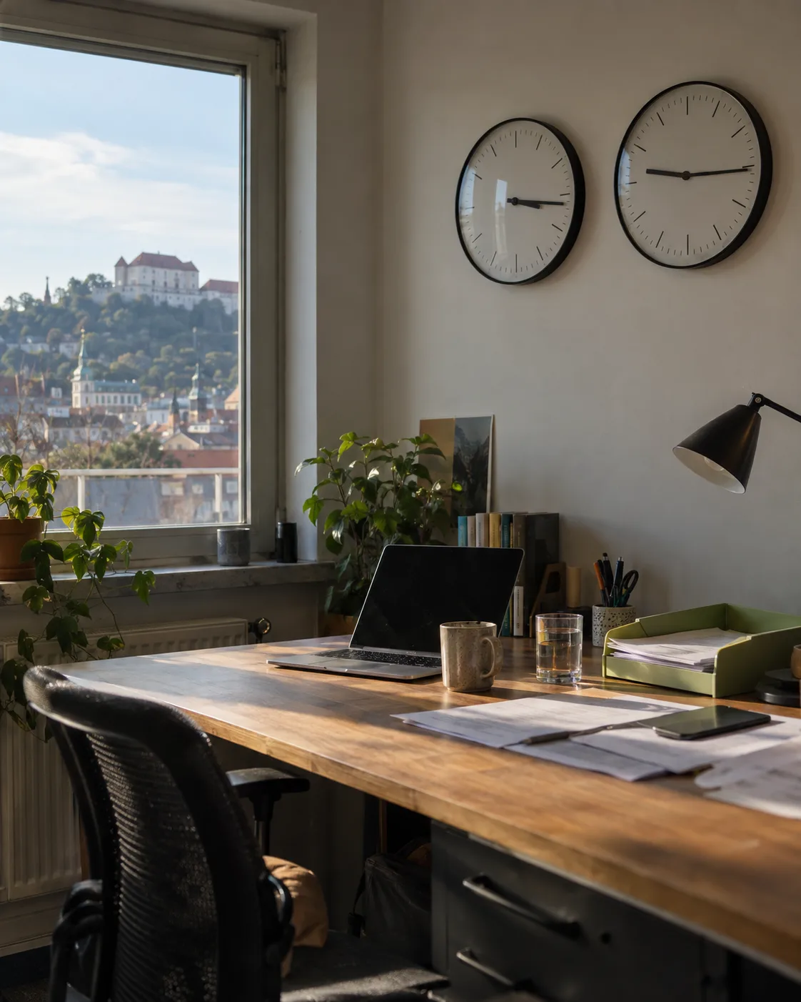Desk in a Brno office with two wall clocks set to Central Europe and US Eastern time